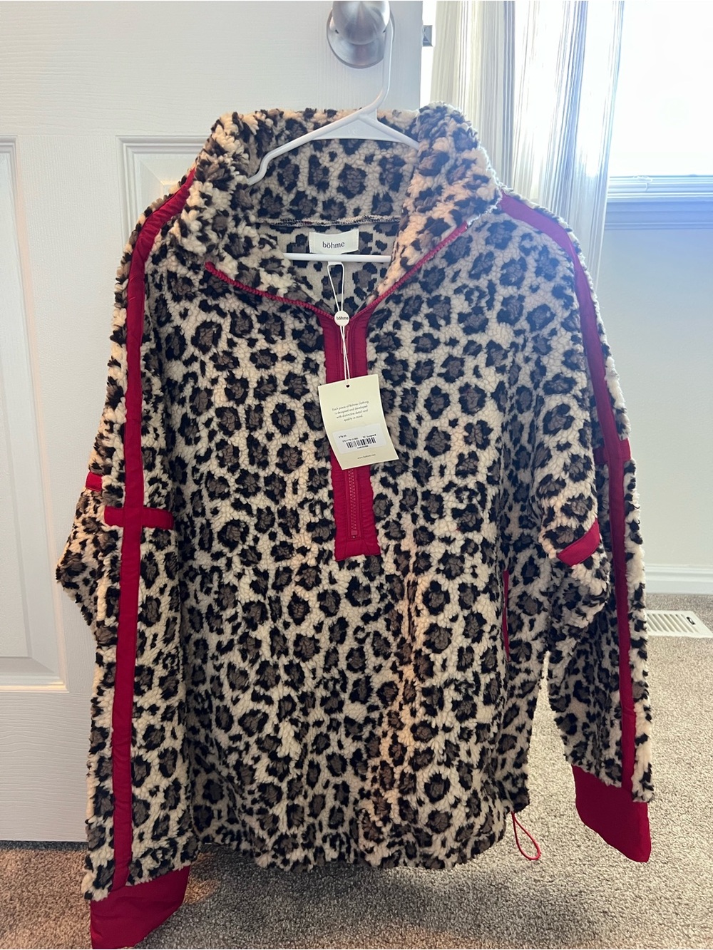 Leopard Print Sherpa Pullover Jacket in Beige & Red